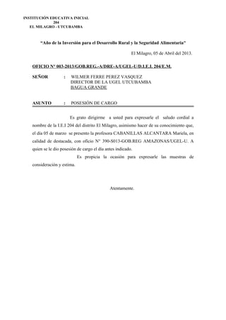 “Año de la Inversión para el Desarrollo Rural y la Seguridad Alimentaria”
El Milagro, 05 de Abril del 2013.
OFICIO N° 003-2013/GOB.REG.-A/DRE-A/UGEL-U/D.I.E.I. 204/E.M.
SEÑOR : WILMER FERRE PEREZ VASQUEZ
DIRECTOR DE LA UGEL UTCUBAMBA
BAGUA GRANDE
ASUNTO : POSESIÓN DE CARGO
Es grato dirigirme a usted para expresarle el saludo cordial a
nombre de la I.E.I 204 del distrito El Milagro, asimismo hacer de su conocimiento que,
el día 05 de marzo se presento la profesora CABANILLAS ALCANTARA Mariela, en
calidad de destacada, con oficio N° 390-S013-GOB.REG AMAZONAS/UGEL-U. A
quien se le dio posesión de cargo el día antes indicado.
Es propicia la ocasión para expresarle las muestras de
consideración y estima.
Atentamente.
INSTITUCIÓN EDUCATIVA INICIAL
204
EL MILAGRO - UTCUBAMBA
 