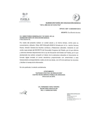 DECRETO por el que se reforma y adiciona diversas disposiciones de la  Ley de Educación de Estado de Puebla