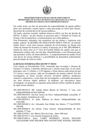 MINISTÉRIO PÚBLICO DO ESTADO DE PERNAMBUCO
     PROMOTORIA DE JUSTIÇA DE DEFESA DA CIDADANIA DA CAPITAL
           PROMOÇÃO E DEFESA DO PATRIMÔNIO PÚBLICO

Em sendo assim, em face da prescrição da responsabilidade do agente público
pelos atos praticados, restaria apurar o dano provocado ao erário pelo mesmo,
decorrente de eventual desvio de recursos públicos.
Tal tarefa, oportuno ressaltar, também tornou-se difícil, em face da decisão da
SEFAZ, à época, de não remeter os processos para o Tribunal de Contas do
Estado, a fim de quantificar o eventual prejuízo aos cofres públicos.
Essa Promotoria, entretanto, não esmoreceu em seu intento, e ingressou com
pedido judicial de QUEBRA DE SIGILO BANCÁRIO E FISCAL do referido
auditor fiscal e mais cinco pessoas suspeitas de envolvimento em fraude com
verbas do Sistema de Incentivo à Cultura. O processo, de nº 001.2002.008606-8,
tramita há vários anos na 2ª Vara da Fazenda Pública da capital, sem que as
informações tenham sido, até esta data, disponibilizadas a essa Promotoria para
que possamos avaliar, de forma definitiva, o comprometimento do auditor fiscal
com desvio de recurso públicos e a possibilidade de demandá-lo judicialmente
para devolução da verba ao erário.

b) DEMAIS INFORMAÇÕES DO PIP Nº 053/01
Com relação ao Procedimento 53/01, instaurado para investigar o Sistema de
Incentivo à Cultura, é oportuno informar que o mesmo conta hoje, só nos autos
principais, com 11 volumes, e 2.353 páginas, e foram abertos nada menos do que
113 (cento e treze) anexos, cada um investigando um projeto cultural. Em tais
investigações, já foram ouvidos diversos servidores públicos, produtores
culturais e empresários, e como fruto das investigações, e solicitados documentos
aos mais diversos órgãos públicos. Já puderam, em decorrência dessa
investigação, ser propostas as seguintes ações judiciais (afora o pedido de quebra
de sigilo acima referido):

001.2005.002356-0- RÉ: Sandra Maria Batista de Oliveira- 1ª vara, com
   indisponibilidade de bens deferida.
001.2005.002429-0- réu-José Amaro da Silva- indisponibilidade concedida- 6ª
   vara- projeto: Cantadores de viola
001.2005.002430-3, ré- Zélia .Barbosa de Souza- Indisponibilidade não
   concedida.
001.2005.003468-6- réu- Alexandre José Holder dos Santos- 5ª Vara-DANO-
   200 MIL
001.2005.004060-0, réu Jailson Viana Chacon- indisponibilidade de bens
   deferida- 2ª Vara-
001.2005.014558-5 .réu- Márcio Silva de Lima- - dano: 400 reais.
001.2005.027535-7- réu- Jocemir Eustaquio de Farias.
001.2006.013801-8- Réus- FABIO HENRIQUE ISAIAS MACEDO
   ALEXANDRE JOSÉ HOLDER DOS SANTOS JOSÉ MANOEL MENDES
 