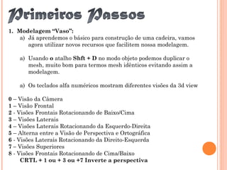 1. Modelagem “Vaso”:
a) Já aprendemos o básico para construção de uma cadeira, vamos
agora utilizar novos recursos que facilitem nossa modelagem.
a) Usando o atalho Shft + D no modo objeto podemos duplicar o
mesh, muito bom para termos mesh idênticos evitando assim a
modelagem.
a) Os teclados alfa numéricos mostram diferentes visões da 3d view
0 – Visão da Câmera
1 – Visão Frontal
2 - Visões Frontais Rotacionando de Baixo/Cima
3 – Visões Laterais
4 – Visões Laterais Rotacionando da Esquerdo-Direita
5 – Alterna entre a Visão de Perspectiva e Ortográfica
6 - Visões Laterais Rotacionando da Direito-Esquerda
7 – Visões Superiores
8 - Visões Frontais Rotacionando de Cima/Baixo
CRTL + 1 ou + 3 ou +7 Inverte a perspectiva
 