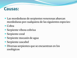 Causas: 
 Las mordeduras de serpientes venenosas abarcan 
mordeduras por cualquiera de las siguientes especies: 
 Cobra 
 Serpiente víbora cobriza 
 Serpiente coral 
 Serpiente mocasín de agua 
 Serpiente cascabel 
 Diversas serpientes que se encuentran en los 
zoológicos 
 