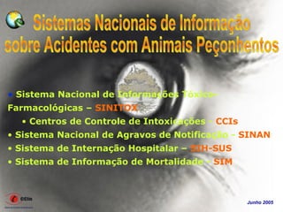 • Sistema Nacional de Informações Tóxico-
Farmacológicas – SINITOX
  • Centros de Controle de Intoxicações - CCIs
• Sistema Nacional de Agravos de Notificação - SINAN
• Sistema de Internação Hospitalar – SIH-SUS
• Sistema de Informação de Mortalidade - SIM



                                                 Junho 2005
 