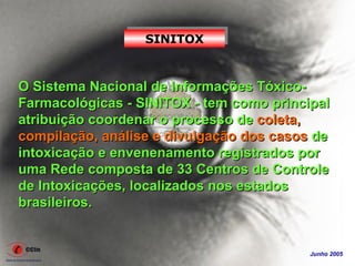 SINITOX



O Sistema Nacional de Informações Tóxico-
Farmacológicas - SINITOX - tem como principal
atribuição coordenar o processo de coleta,
compilação, análise e divulgação dos casos de
intoxicação e envenenamento registrados por
uma Rede composta de 33 Centros de Controle
de Intoxicações, localizados nos estados
brasileiros.


                                          Junho 2005
 
