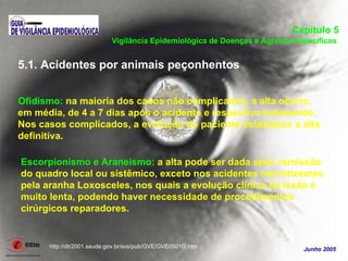 Capítulo 5
                           Vigilância Epidemiológica de Doenças e Agravos Específicos


5.1. Acidentes por animais peçonhentos


Ofidismo: na maioria dos casos não complicados, a alta ocorre,
em média, de 4 a 7 dias após o acidente e respectivo tratamento.
Nos casos complicados, a evolução do paciente estabelece a alta
definitiva.

Escorpionismo e Araneísmo: a alta pode ser dada após remissão
do quadro local ou sistêmico, exceto nos acidentes necrotizantes
pela aranha Loxosceles, nos quais a evolução clínica da lesão é
muito lenta, podendo haver necessidade de procedimentos
cirúrgicos reparadores.


      http://dtr2001.saude.gov.br/svs/pub/GVE/GVE0501G.htm                  Junho 2005
 