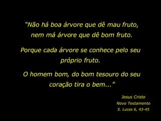 “ Não há boa árvore que dê mau fruto, nem má árvore que dê bom fruto. Jesus Cristo Novo Testamento S. Lucas 6, 43-45 Porque cada árvore se conhece pelo seu próprio fruto. O homem bom, do bom tesouro do seu coração tira o bem...” 