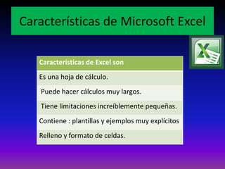 Características de Microsoft Excel 
Características de Excel son 
Es una hoja de cálculo. 
Puede hacer cálculos muy largos. 
Tiene limitaciones increíblemente pequeñas. 
Contiene : plantillas y ejemplos muy explícitos 
Relleno y formato de celdas. 
 