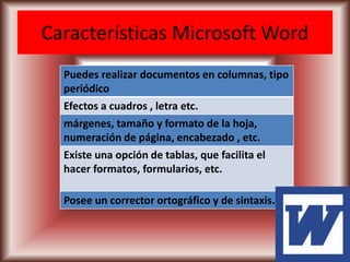 Características Microsoft Word 
Puedes realizar documentos en columnas, tipo 
periódico 
Efectos a cuadros , letra etc. 
márgenes, tamaño y formato de la hoja, 
numeración de página, encabezado , etc. 
Existe una opción de tablas, que facilita el 
hacer formatos, formularios, etc. 
Posee un corrector ortográfico y de sintaxis. 
 