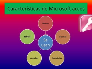 Características de Microsoft acces 
Macros 
Se 
usan 
informes 
tablas 
consultas formularios 
 
