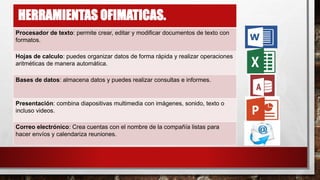 HERRAMIENTAS OFIMATICAS.
Procesador de texto: permite crear, editar y modificar documentos de texto con
formatos.
Hojas de calculo: puedes organizar datos de forma rápida y realizar operaciones
aritméticas de manera automática.
Bases de datos: almacena datos y puedes realizar consultas e informes.
Presentación: combina diapositivas multimedia con imágenes, sonido, texto o
incluso videos.
Correo electrónico: Crea cuentas con el nombre de la compañía listas para
hacer envíos y calendariza reuniones.
 