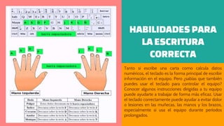 HABILIDADES PARA
LAESCRITURA
CORRECTA
Tanto si escribe una carta como calcula datos
numéricos, el teclado es la forma principal de escribir
información en el equipo. Pero ¿sabías que también
puedes usar el teclado para controlar el equipo?
Conocer algunos instrucciones dirigidas a tu equipo
puede ayudarte a trabajar de forma más eficaz. Usar
el teclado correctamente puede ayudar a evitar dolor
o lesiones en las muñecas, las manos y los brazos,
especialmente si usa el equipo durante períodos
prolongados.
 