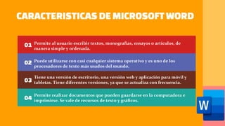 CARACTERISTICAS DEMICROSOFT WORD
01
02
03
04
Permite al usuario escribir textos, monografías, ensayos o artículos, de
manera simple y ordenada.
Puede utilizarse con casi cualquier sistema operativo y es uno de los
procesadores de texto más usados del mundo.
Tiene una versión de escritorio, una versión web y aplicación para móvil y
tabletas. Tiene diferentes versiones, ya que se actualiza con frecuencia.
Permite realizar documentos que pueden guardarse en la computadora e
imprimirse. Se vale de recursos de texto y gráficos.
 