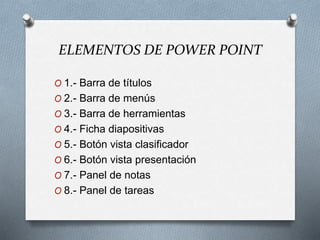 ELEMENTOS DE POWER POINT
O 1.- Barra de títulos
O 2.- Barra de menús
O 3.- Barra de herramientas
O 4.- Ficha diapositivas
O 5.- Botón vista clasificador
O 6.- Botón vista presentación
O 7.- Panel de notas
O 8.- Panel de tareas
 