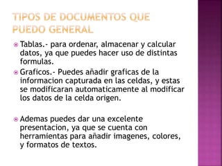  Tablas.- para ordenar, almacenar y calcular 
datos, ya que puedes hacer uso de distintas 
formulas. 
 Graficos.- Puedes añadir graficas de la 
informacion capturada en las celdas, y estas 
se modificaran automaticamente al modificar 
los datos de la celda origen. 
 Ademas puedes dar una excelente 
presentacion, ya que se cuenta con 
herramientas para añadir imagenes, colores, 
y formatos de textos. 
 
