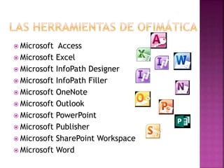  Microsoft Access 
 Microsoft Excel 
 Microsoft InfoPath Designer 
 Microsoft InfoPath Filler 
 Microsoft OneNote 
 Microsoft Outlook 
 Microsoft PowerPoint 
 Microsoft Publisher 
 Microsoft SharePoint Workspace 
 Microsoft Word 
 
