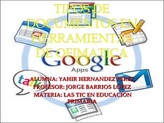 ALUMNA: YAHIR HERNANDEZ PEREZ
PROFESOR: JORGE BARRIOS LÓPEZ
MATERIA: LAS TIC EN EDUCACION
PRIMARIA

 