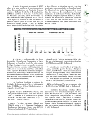 A partir do segundo semestre de 2007,                                   e Nova Mamoré se classificaram entre os vinte          11
observa-se	 uma	 tendência	 de	 novo	 aumento	 no	                              municípios	mais	desmatados	na	Amazônia	Legal.	    	
ritmo	 do	 desmatamento	 em	 Rondônia.	 Segundo	                                No último mês de abril, Cujubim entrou nesta
dados do Sistema de Alerta de Desmatamento                                      lista	 de	 campeões	 do	 desmatamento.	 Segundo	
(SAD) do Instituto do Homem e Meio Ambiente                                     os cálculos do Sistema de Detecção do Desmata-
da Amazônia (Imazon), foram desmatados 345                                      mento em Tempo Real (Deter) do Inpe, o desma-
km² em Rondônia entre agosto de 2007 e abril de                                 tamento	 em	 Rondônia	 no	 período	 de	 agosto	 de	
2008 (figura 3), aumento de 23% em relação ao                                   2007 a abril de 2008 foi ainda maior, 557 km².
período anterior, julho de 2006 a abril de 2007,                                Somente no mês de abril, foram desmatados 34,6
quando foram derrubados 279 km². No período                                     km² no Estado3.		
entre agosto de 2007 e abril de 2008, Porto Velho                               	

                                  Figura 3: Desmatamento mensal em Rondônia – agosto de 2006 a abril de 2008

                                                    Agosto 2006 - Julho 2007           Agosto 2007- Abril 2008
                                  200
                                  180
             Desmatamento (km²)




                                  160
                                  140
                                  120
                                  100
                                   80
                                   60
                                   40
                                   20
                                    0
                                        AGO   SET     OUT    NOV     DEZ       JAN   FEV   MAR    ABR     MAI       JUN     JUL
                                                                                                                 Fonte: SAD/Imazon



	       A	 criação	 e	 implementação	 de	 Áreas	                                 • duas Áreas de Proteção Ambiental (APAs) cria-
Protegidas	 (Unidades	 de	 Conservação	 e	 Terras	                               das em nível estadual, com uma área total de
Indígenas) na Amazônia Legal têm sido uma es-                                    110.741 hectares (0,1% do Estado);
tratégia eficaz para conservar grandes áreas con-
tíguas de floresta e, assim, contribuir para a ma-                               •	 14	 unidades	 de	 conservação	 de	 proteção	 in-
nutenção de ecossistemas e serviços ambientais,                                  tegral, incluindo quatro Reservas Biológicas




                                                                                                                                                   Capítulo 1 | Desmatamento e Áreas Protegidas em Rondônia
como	equilibro	de	sistemas	climáticos	e	regimes	                                 (Rebio), duas federais e duas estaduais; quatro
hidrológicos, conservação da biodiversidade, ati-                                Estações Ecológicas (EE), sendo uma federal e
vidades	econômicas	baseadas	no	uso	sustentável	                                  três estaduais, e seis parques, sendo três Par-
dos	 recursos	 naturais	 renováveis	 e	 a	 qualidade	                            ques	Nacionais	-	Parna	e	três	Parques	Estaduais	
de	vida	de	populações	locais.                                                    (PE), que ocupam um total de 2,4 milhões de
                                                                                 hectares (10% do território estadual); e
        No Estado de Rondônia, o conjunto das
Unidades	de	Conservação	e	Terras	Indígenas	to-                                   • 24 Terras Indígenas (TIs) que ocupam um total
taliza 89.916 km² ou 38% do Estado, incluindo as                                 de 49.660,48 km² (20,82% da área do Estado).
seguintes áreas (Mapa 1):
                                                            No âmbito da legislação estadual sobre o
 • quatro Reservas Extrativistas (Resex) cria-       zoneamento sócio-econômico-ecológico em Ron-
 das pelo Governo Federal, com área total de         dônia (Lei Estadual no. 233/00), foi definida uma
 738.173 hectares, e 21 Resex estaduais que so-      outra categoria de área protegida, as “Áreas de
 mam 967.084 hectares, totalizando 1.705.257         Uso Especial” (zona 2), destinadas à “conserva-
 hectares (7,15% do Estado);                         ção dos recursos naturais, passíveis de uso sob
                                                                                                                                       OFIMDAFLORESTA?




                                                     manejo sustentável (Artigo 8º)”, inclusive para
 • quatro Florestas Nacionais (Flona) com fins de criação de novas unidades de conserva-
 704.038	 hectares	 e	 11	 Florestas	 Estaduais	 de	 ção, que ocupam uma área total de 34.834 km²
 Rendimento Sustentado (Fers), com 267.250 (14,6% do Estado).
 hectares, totalizando 4,07% do Estado;


3 Para a descrição das metodologias do SAD e Deter, veja Imazon (2008) e Inpe (2008).
 