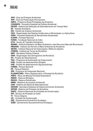6
    SIGLAS

    APA - Área de Proteção Ambiental
    APP - Área de Preservação Permanente
    ARPA - Programa Áreas Protegidas da Amazônia
    CONsEPA - Conselho Estadual de Política Ambiental
    DETER - Sistema de Detecção do Desmatamento em Tempo Real
    EE - Estação Ecológica
    EIA - Estudo de Impacto Ambiental
    FAO - Organização das Nações Unidas para a Alimentação e a Agricultura
    FERs - Florestas Estaduais de Rendimento Sustentado
    FlONA - Floresta Nacional
    FUNAI - Fundação Nacional do Índio
    GTA - Grupo de Trabalho Amazônico
    IBAMA - Instituto Brasileiro do Meio Ambiente e dos Recursos Naturais Renováveis
    IMAzON - Instituto do Homem e Meio Ambiente da Amazônia
    INCRA - Instituto Nacional de Colonização e Reforma Agrária
    ITERON - Instituto de Terras de Rondônia
    MPF - Ministério Público Federal
    OsR - Organização dos Seringueiros de Rondônia
    PA - Projeto de Assentamento
    PAC - Programa de Aceleração do Crescimento
    PAD - Projeto de Assentamento Dirigido
    PAE - Projeto de Assentamento Agroextrativista
    PARNA - Parque Nacional
    PE - Parque Estaduai
    PIN - Programa de Integração Nacional
    PlANAFlORO - Plano Agropecuário e Florestal de Rondônia
    PMFs - Plano de Manejo Florestal Sustentável
    REBIO - Reserva Biológica
    REsEx - Reserva Extrativista
    RIMA - Relatório de Impacto Ambiental
    sAD - Sistema de Alerta de Desmatamento
    sEDAM - Secretaria Estadual de Desenvolvimento Ambiental
    sIPAM - Sistema de Proteção da Amazônia
    sNUC - Sistema Nacional de Unidades de Conservação
    sPI - Serviço de Proteção ao Índio
    TI - Terra Indígena
    UC - Unidade de Conservação
    zEE - Zoneamento Econômico-Ecológico
    zsEE - Zoneamento Socioeconômico-Ecológico
 
