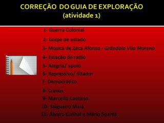 1- Guerra Colonial
2- Golpe de estado
3- Música de Zeca Afonso - Grândola Vila Morena
4- Estação de rádio
5- Alegria/ apoio
6- Repressivo/ ditador
7- Democrático
 8- Cravos
 9- Marcello Caetano
10- Salgueiro Maia
11- Álvaro Cunhal e Mário Soares
 