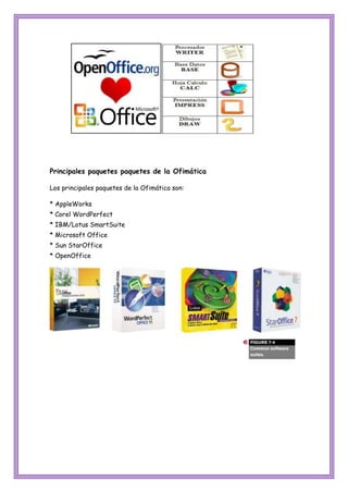 Principales paquetes paquetes de la Ofimática
Los principales paquetes de la Ofimática son:
* AppleWorks
* Corel WordPerfect
* IBM/Lotus SmartSuite
* Microsoft Office
* Sun StarOffice
* OpenOffice

 