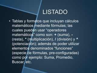 LISTADO
• Tablas y formatos que incluyan cálculos
matemáticos mediante fórmulas; las
cuales pueden usar “operadores
matemáticos” como son: + (suma), -
(resta), * (multiplicación), / (división) y ^
(potenciación); además de poder utilizar
elementos denominados “funciones”
(especie de fórmulas, pre-configuradas)
como por ejemplo: Suma, Promedio,
Buscar, etc.
 