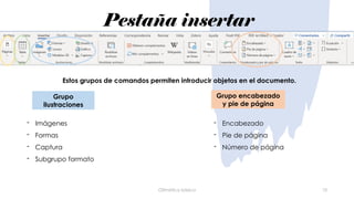 Pestaña insertar
Ofimática básica 10
Grupo
ilustraciones
Grupo encabezado
y pie de página
- Imágenes
- Formas
- Captura
- Subgrupo formato
- Encabezado
- Pie de página
- Número de página
Estos grupos de comandos permiten introducir objetos en el documento.
 
