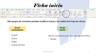 Ficha inicio
Ofimática básica 16
Grupo
portapapeles
Grupo
fuente
Mismos comandos para todo el paquete Office.
- Bordes
Estos grupos de comandos permiten modificar el texto y las celdas de la hoja de cálculo.
- Copiar
- Cortar
- Pegar
- Copiar formato
 