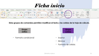 Ficha inicio
Ofimática básica 18
Grupo
estilos
Grupo
celdas
- Formato condicional - Insertar
- Eliminar
- Formato de celdas
Estos grupos de comandos permiten modificar el texto y las celdas de la hoja de cálculo.
 
