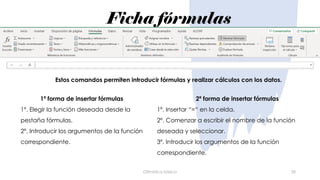 Ficha fórmulas
Ofimática básica 20
1ª forma de insertar fórmulas
1º. Elegir la función deseada desde la
pestaña fórmulas.
2º. Introducir los argumentos de la función
correspondiente.
Estos comandos permiten introducir fórmulas y realizar cálculos con los datos.
2ª forma de insertar fórmulas
1º. Insertar “=“ en la celda.
2º. Comenzar a escribir el nombre de la función
deseada y seleccionar.
3º. Introducir los argumentos de la función
correspondiente.
 