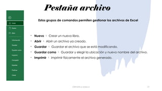Pestaña archivo
Ofimática básica 21
- Nuevo  Crear un nuevo libro.
- Abrir  Abrir un archivo ya creado.
- Guardar  Guardar el archivo que se está modificando.
- Guardar como  Guardar y elegir la ubicación y nuevo nombre del archivo.
- Imprimir  imprimir físicamente el archivo generado.
Estos grupos de comandos permiten gestionar los archivos de Excel
 