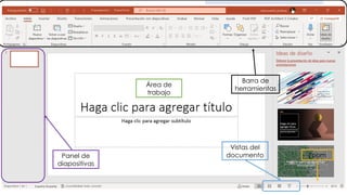 24/01/2023 Ofimática básica 24
Barra de
herramientas
Área de
trabajo
Vistas del
documento Zoom
Panel de
diapositivas
 