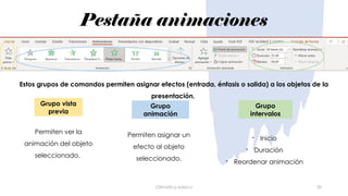 Pestaña animaciones
Ofimática básica 30
Estos grupos de comandos permiten asignar efectos (entrada, énfasis o salida) a los objetos de la
presentación.
Permiten ver la
animación del objeto
seleccionado.
Grupo vista
previa
Grupo
animación
Permiten asignar un
efecto al objeto
seleccionado.
Grupo
intervalos
- Inicio
- Duración
- Reordenar animación
 