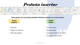 Pestaña insertar
Ofimática básica 9
Grupo
páginas
Grupo
tablas
- Portada
- Página en blanco
- Salto de página
- Insertar tabla
- Dibujar tabla
- Subgrupo diseño de tabla
- Subgrupo disposición
Estos grupos de comandos permiten introducir objetos en el documento.
 