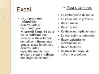 Excel.
 Es un programa
informático
desarrollado y
distribuido por
Microsoft Corp. Se trata
de un software que
permite realizar tareas
contables y financieras
gracias a sus funciones,
desarrolladas
específicamente para
ayudar a crear y trabajar
con hojas de cálculo.
 Para que sirve.
 La elaboración de tablas
 La creación de graficas
 Hacer sumas
 Hacer restas
 Realizar multiplicaciones
 La elevación a potencias
 Hacer calendarios
especializados
 Hacer facturas
 Realizar horarios, de
trabajo o escolares.
 