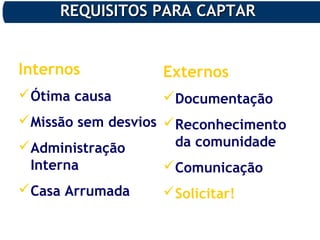 REQUISITOS PARA CAPTARREQUISITOS PARA CAPTAR
Internos
Ótima causa
Missão sem desvios
Administração
Interna
Casa Arrumada
Externos
Documentação
Reconhecimento
da comunidade
Comunicação
Solicitar!
 