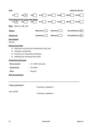 OFIN OFIN-AIT-P01-F01
V3 Octubre 2012 Página 3/3
1-3 3-5 X 5-8 8-10 10-15 15-20 20-25 25-30
Experiencia mínima en el puesto (años)
1-3 X 3-5 5-8 8-10 10-15 15-20 20-25 25-30
Edad Mayor de _25_ años
Género Masculino Femenino Sin preferencia X
Estado civil Casado(a) Soltero(a) Sin preferencia X
Nacionalidad
Peruano.
Rasgos personales
 Hábil para la comunicación interpersonal a todo nivel.
 Ordenado y disciplinado.
 Proactivo y con capacidad de liderazgo.
 Habilidad para manejarse bajo presión.
Condiciones del puesto
Remuneración : S/. X,XXX mensuales
Capacitación : Por definir
Otros : Ninguno
Nivel de aprobación
<<Área solicitante>>
<<Nombres y apellidos>>
Jefe de OFIN
<<Nombres y apellidos>>
 