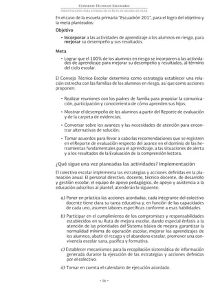 • 16 •
Consejos Técnicos Escolares
Orientaciones para establecer la Ruta de mejora escolar
En el caso de la escuela primaria “Escuadrón 201”, para el logro del objetivo y
la meta planteados:
Objetivo
•	Incorporar a las actividades de aprendizaje a los alumnos en riesgo, para
mejorar su desempeño y sus resultados.
Meta
•	Lograr que el 100% de los alumnos en riesgo se incorporen a las activida-
des de aprendizaje para mejorar su desempeño y resultados, al término
del ciclo escolar.
El Consejo Técnico Escolar determina como estrategia establecer una rela-
ción estrecha con las familias de los alumnos en riesgo, así que como acciones
proponen:
•	Realizar reuniones con los padres de familia para propiciar la comunica-
ción, participación y conocimiento de cómo aprenden sus hijos;
•	Mostrar el desempeño de los alumnos a partir del Reporte de evaluación
y de la carpeta de evidencias;
•	Conversar sobre los avances y las necesidades de atención para encon-
trar alternativas de solución;
•	Tomar acuerdos para llevar a cabo las recomendaciones que se registren
en el Reporte de evaluación respecto del avance en el dominio de las he-
rramientas fundamentales para el aprendizaje, a las situaciones de alerta
y a los resultados de la Evaluación de la comprensión lectora.
¿Qué sigue una vez planeadas las actividades? Implementación
El colectivo escolar implementa las estrategias y acciones definidas en la pla-
neación anual. El personal directivo, docente, técnico docente, de desarrollo
y gestión escolar; el equipo de apoyo pedagógico, de apoyo y asistencia a la
educación adscritos al plantel, atenderán lo siguiente:
a) Poner en práctica las acciones acordadas; cada integrante del colectivo
docente tiene clara su tarea educativa y, en función de las capacidades
de cada uno, asumen labores específicas conforme a esas habilidades.
b) Participar en el cumplimiento de los compromisos y responsabilidades
establecidos en su Ruta de mejora escolar, dando especial énfasis a la
atención de las prioridades del Sistema básico de mejora: garantizar la
normalidad mínima de operación escolar; mejorar los aprendizajes de
los alumnos; abatir el rezago y el abandono escolar; promover una con-
vivencia escolar sana, pacífica y formativa.
c) Establecer mecanismos para la recopilación sistemática de información
generada durante la ejecución de las estrategias y acciones definidas
por el colectivo.
d) Tomar en cuenta el calendario de ejecución acordado.
 