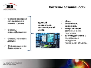 Системы безопасности
 Система пожарной
сигнализации и
пожаротушения
 Системы
видеонаблюдения
 Системы контроля
доступа
 Информационная
безопасность
Единый
контрольно-
диспетчерский
центр
• сбор,
• обработка,
• хранение,
• визуализация
состояния всех
подсистем,
• взаимодействие с
оперативным
дежурным
персоналом объекта.
 