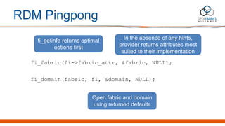 RDM Pingpong
fi_fabric(fi->fabric_attr, &fabric, NULL);
fi_domain(fabric, fi, &domain, NULL);
fi_getinfo returns optimal
o...