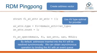 RDM Pingpong
struct fi_av_attr av_attr = {};
av_attr.type = fi->domain_attr->av_type;
av_attr.count = 1;
fi_av_open(domain...