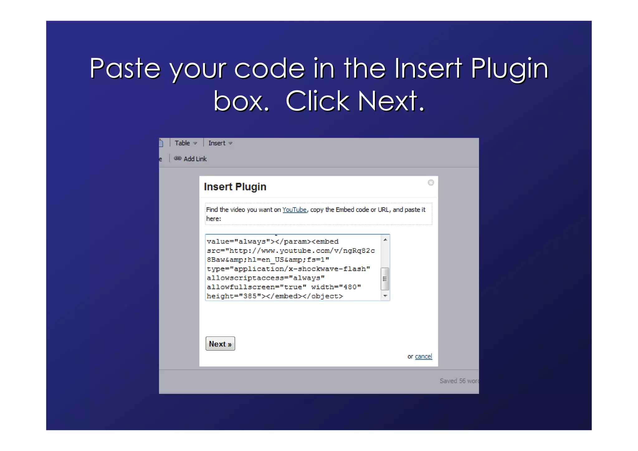 Paste your code in the Insert Plugin
         box. Click Next.
 