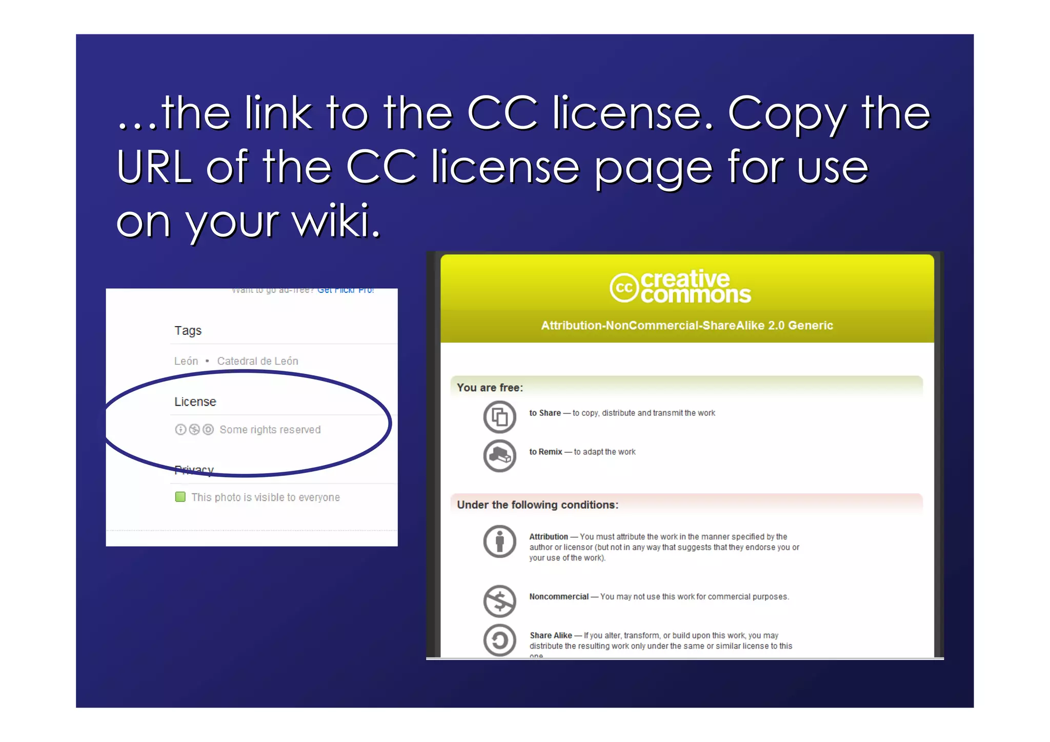 …the link to the CC license. Copy the
URL of the CC license page for use
on your wiki.
 