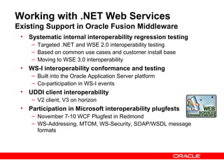 Working with .NET Web Services
Existing Support in Oracle Fusion Middleware
 • Systematic internal interoperability regression testing
    – Targeted .NET and WSE 2.0 interoperability testing
    – Based on common use cases and customer install base
    – Moving to WSE 3.0 interoperability
 • WS-I interoperability conformance and testing
    – Built into the Oracle Application Server platform
    – Co-participation in WS-I events
 • UDDI client interoperability
    – V2 client, V3 on horizon
 • Participation in Microsoft interoperability plugfests
    – November 7-10 WCF Plugfest in Redmond
    – WS-Addressing, MTOM, WS-Security, SOAP/WSDL message
      formats
 