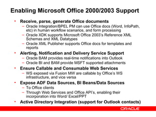 Enabling Microsoft Office 2000/2003 Support
 • Receive, parse, generate Office documents
    – Oracle Integration/BPEL PM can use Office docs (Word, InfoPath,
      etc) in human workflow scenarios, and form processing
    – Oracle XDK supports Microsoft Office 2003’s Reference XML
      Schemas and XML Datatypes
    – Oracle XML Publisher supports Office docs for templates and
      reports
 • Alerting, Notification and Delivery Service Support
    – Oracle BAM provides real-time notifications into Outlook
    – Oracle BI and BAM provide MSFT supported attachments
 • Ensure Callable and Consumable Web Services
    – WS exposed via Fusion MW are callable by Office’s WS
      infrastructure, and vice versa
 • Expose ADF Data Sources, BI Beans/Data Sources
    – To Office clients
    – Through Web Services and Office API’s, enabling their
      incorporation into Word/ Excel/PPT
 • Active Directory Integration (support for Outlook contacts)
 