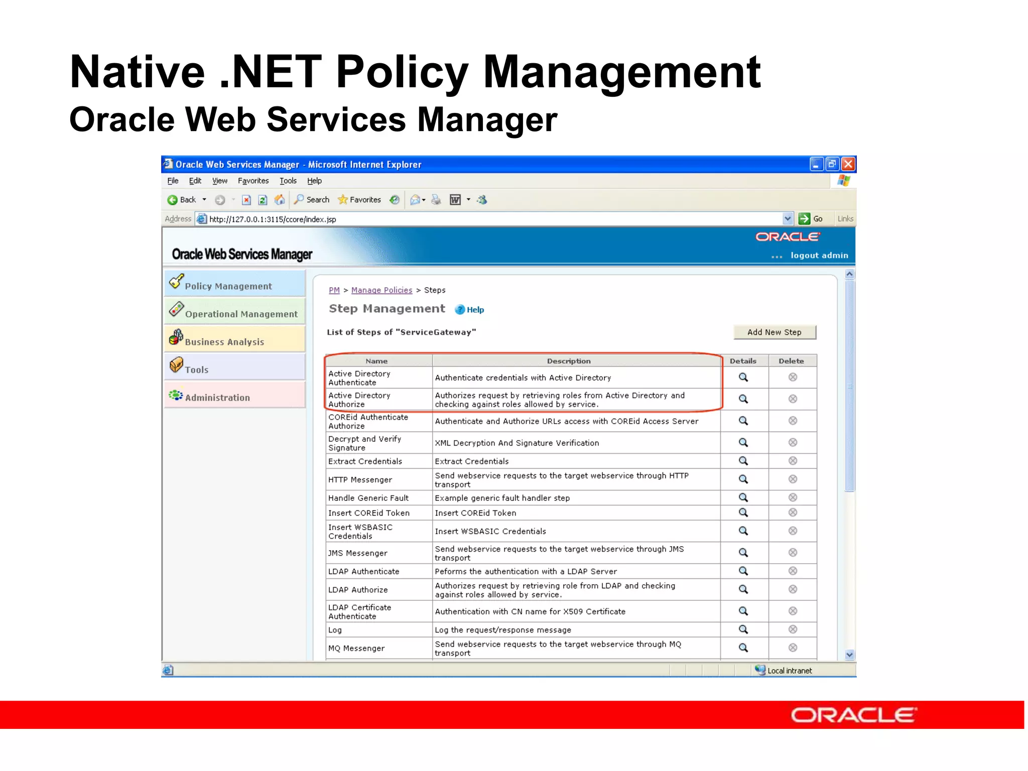 Native .NET Policy Management
Oracle Web Services Manager
 
