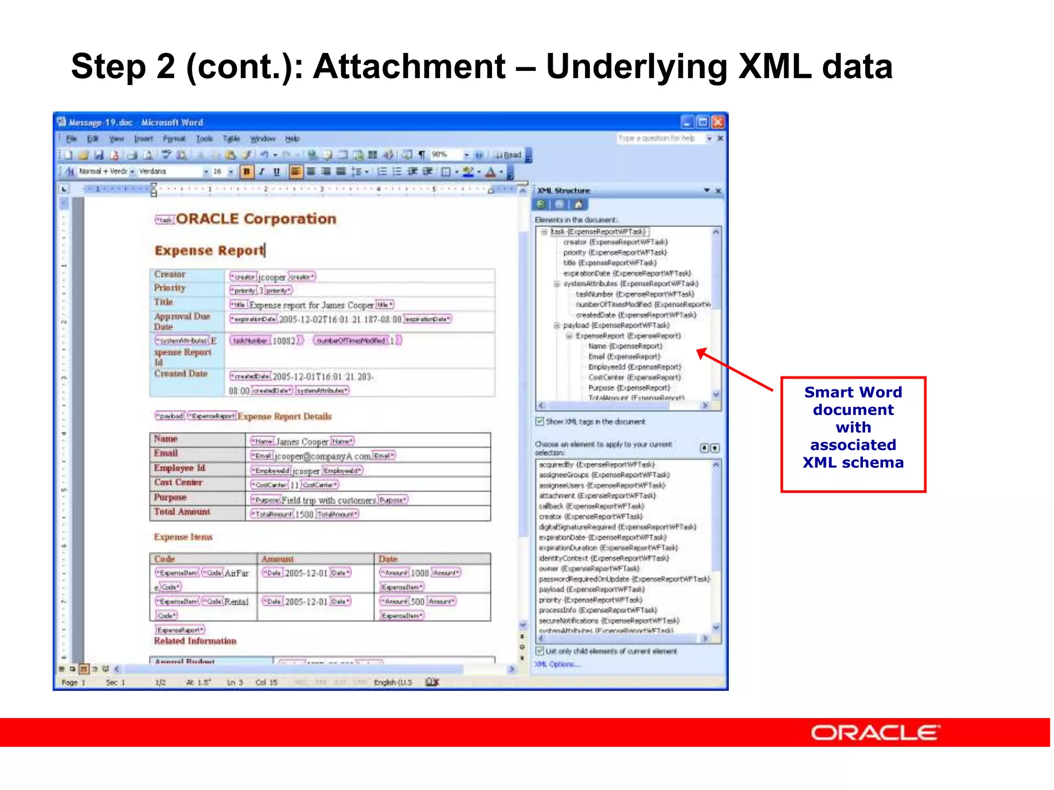 Smart Word
document
with
associated
XML schema
Step 2 (cont.): Attachment – Underlying XML data
 