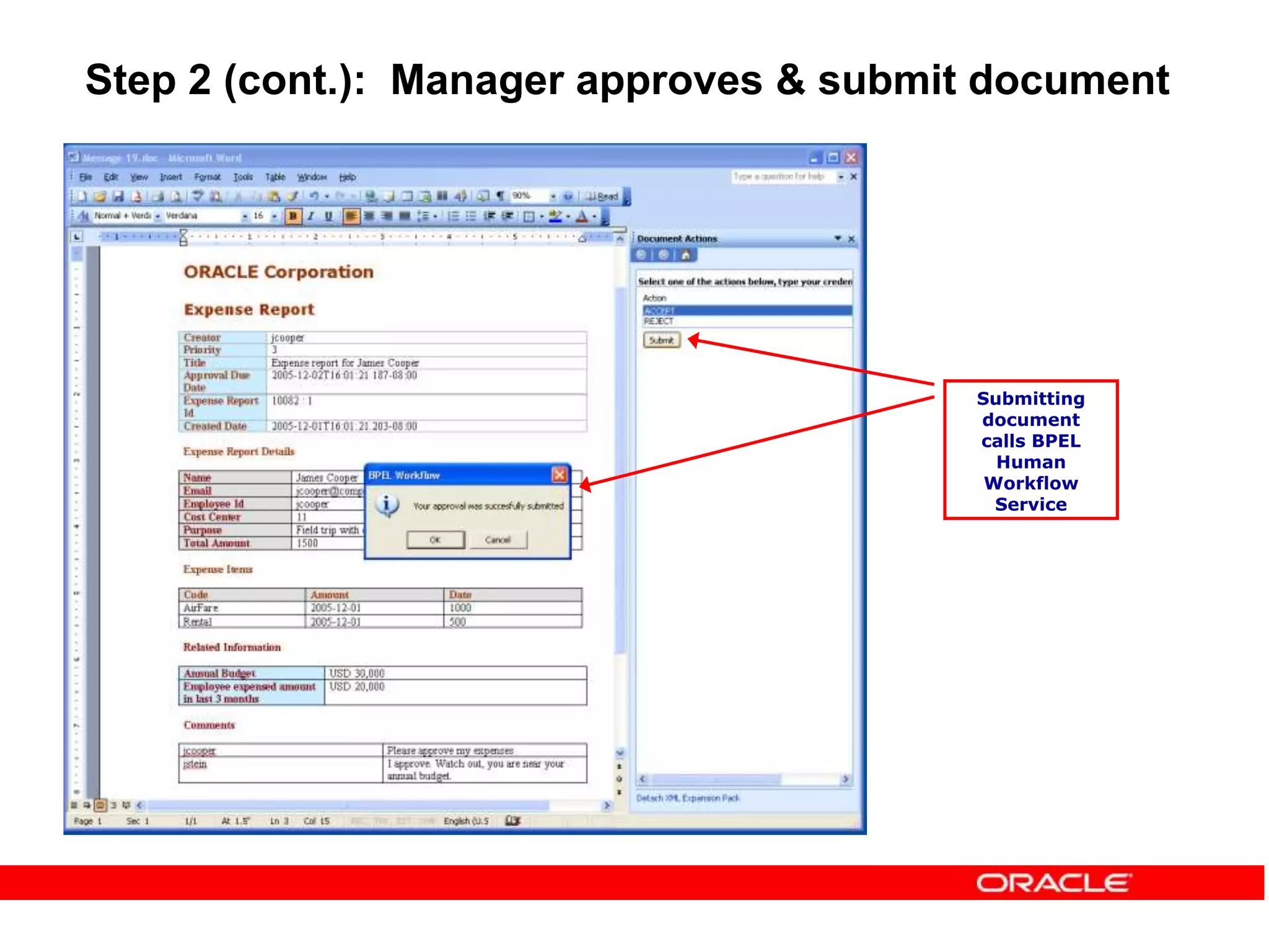 Submitting
document
calls BPEL
Human
Workflow
Service
Step 2 (cont.): Manager approves & submit document
 