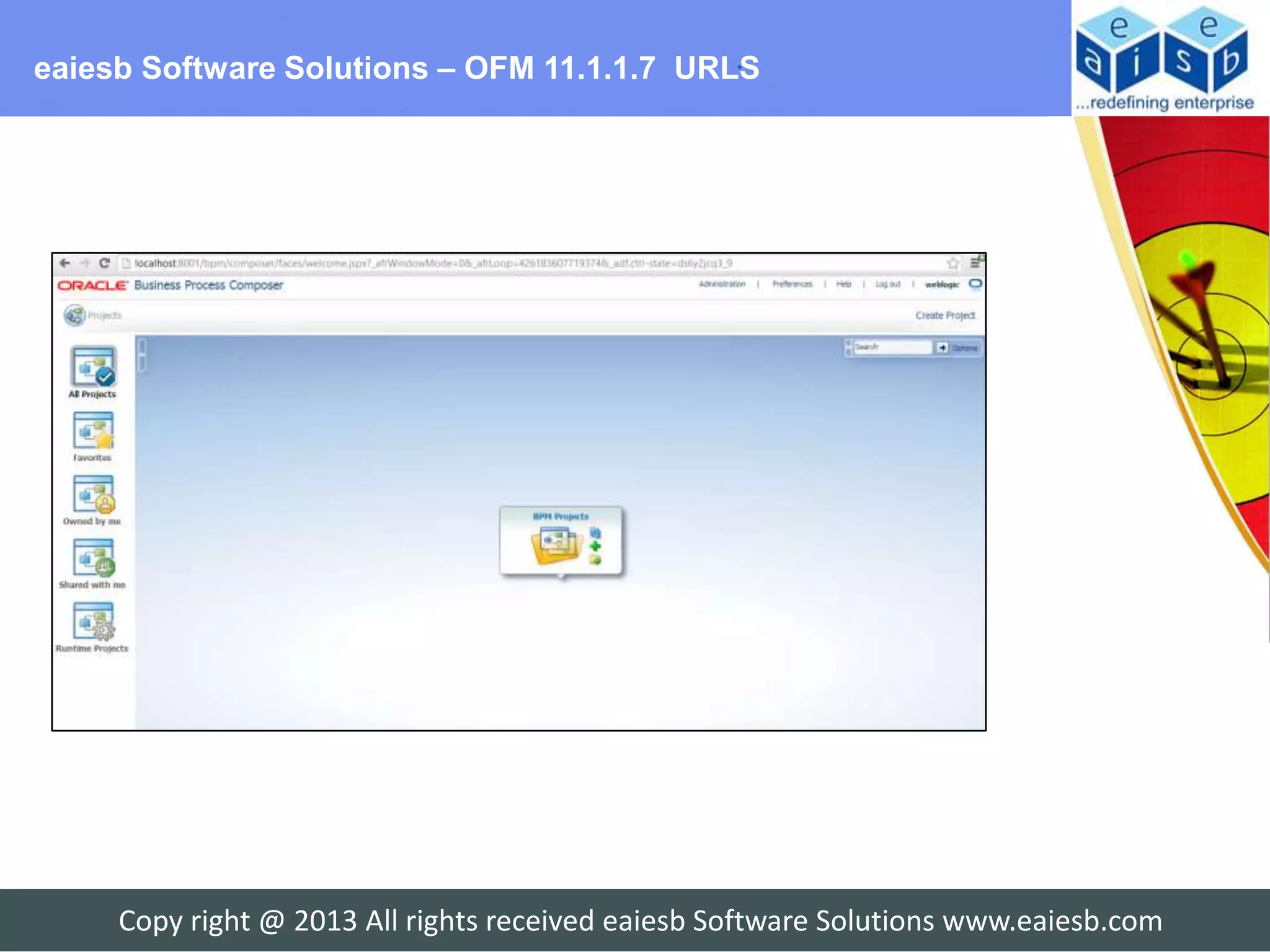 eaiesb Software Solutions – OFM 11.1.1.7 URLS




     Copy right @ 2013 All rights received eaiesb Software Solutions www.eaiesb.com
 