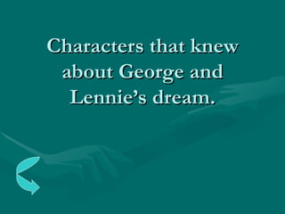 Characters that knew about George and Lennie’s dream. 
