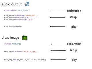 audio output
 ofSoundPlayer bird_sound;                     declaration
 bird_sound.loadSound("weeee.wav");
 bird_sound.setVolume(1.0f);                     setup
 bird_sound.setMultiPlay(false);



 bird_sound.play();                               play


draw image
 ofImage head_img;                             declaration

 head_img.loadImage("bird_cos.png");
                                                 setup

 head_img.draw(x_pos, y_pos, width, height);      play
 