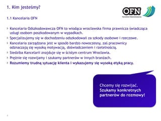1. Kim jesteśmy?41.1 Kancelaria OFNKancelaria Odszkodowawcza OFN to wiodąca wrocławska firma prawnicza świadcząca usługi osobom poszkodowanym w wypadkach. Specjalizujemy się w dochodzeniu odszkodowań za szkody osobowe i rzeczowe.Kancelaria zarządzana jest w sposób bardzo nowoczesny, zaś pracownicyodznaczają się wysoką motywacją, doświadczeniem i rzetelnością. Siedziba Kancelarii znajduje się w ścisłym centrum Wrocławia.Prężnie się rozwijamy i szukamy partnerów w innych branżach.Rozumiemy trudną sytuację klienta i wykazujemy się wysoką etyką pracy.Chcemy się rozwijać.Szukamy konkretnych partnerów do rozmowy!